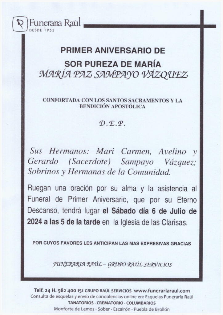 PRIMER ANIVERSARIO DE SOR PUREZA DE MARIA - MARIA PAZ SAMPAYO VAZQUEZ