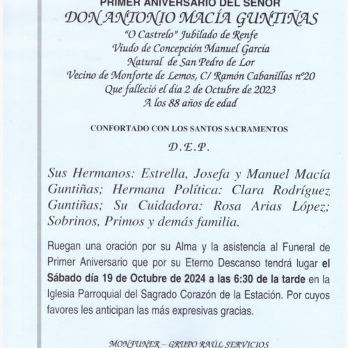 PRIMER ANIVERSARIO DE DON ANTONIO MACIA GUNTIÑAS