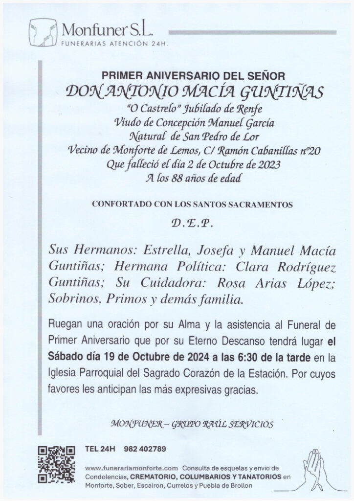 PRIMER ANIVERSARIO DE DON ANTONIO MACIA GUNTIÑAS