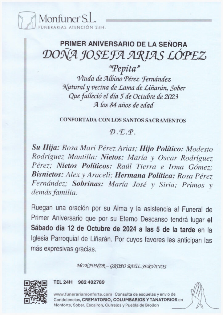 PRIMER ANIVERSARIO DE DOÑA JOSEFA ARIAS LOPEZ