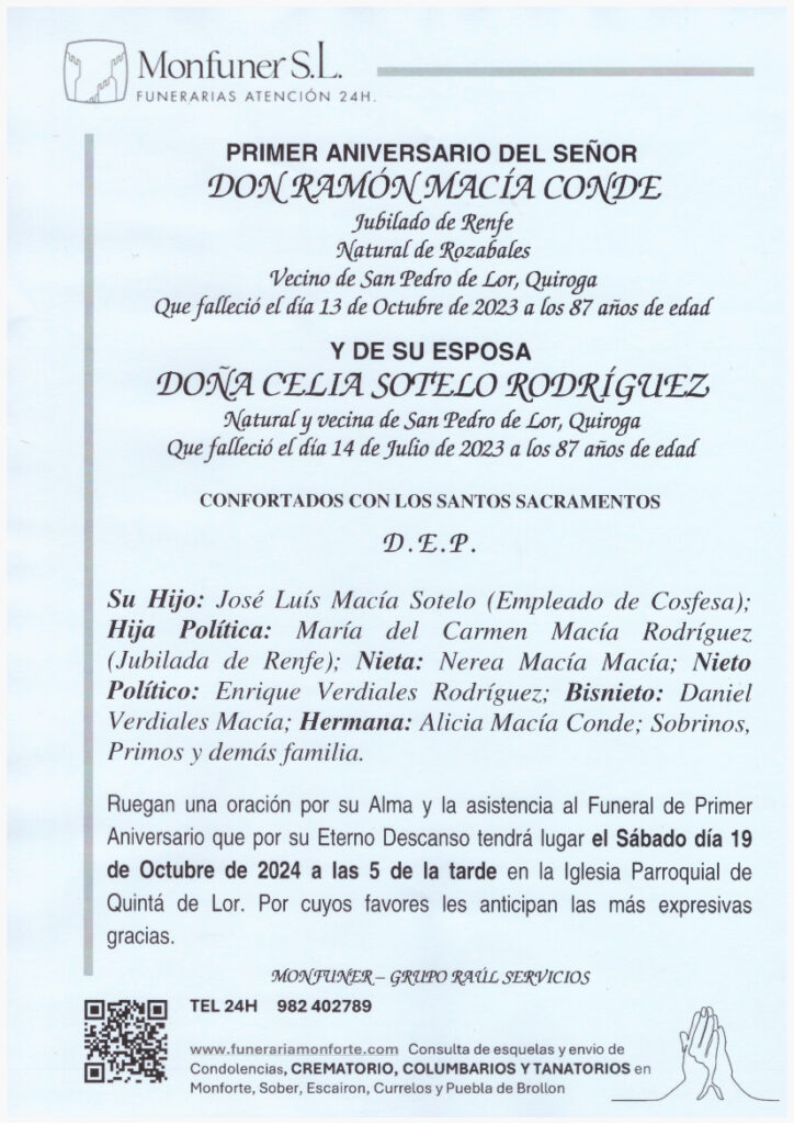 PRIMER ANIVERSARIO DE DON RAMON MACIA Y CELIA SOTELO