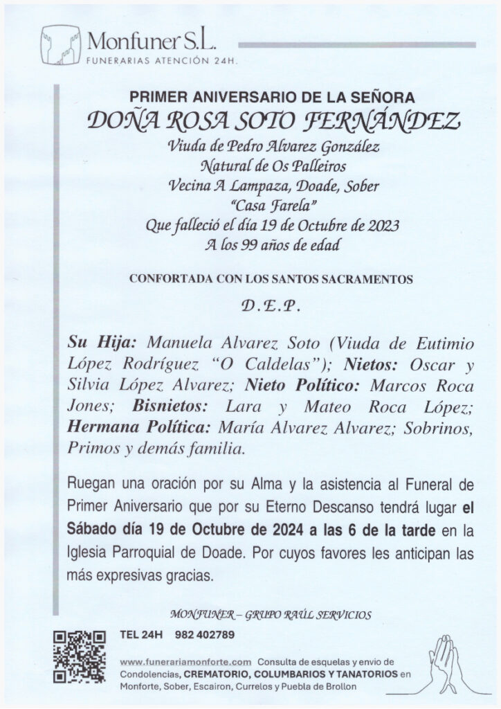 PRIMER ANIVERSARIO DE DOÑA ROSA SOTO FERNANDEZ