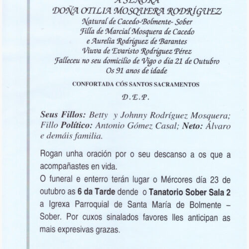 A SEÑORA DONA OTILIA MOSQUERA RODRIGUEZ