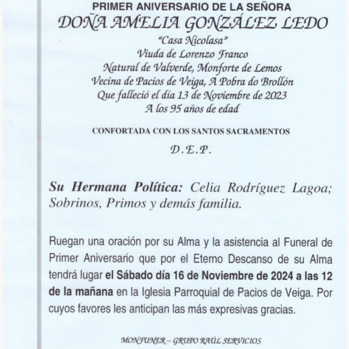 PRIMER ANIVERSARIO DE DOÑA AMELIA GONZALEZ LEDO