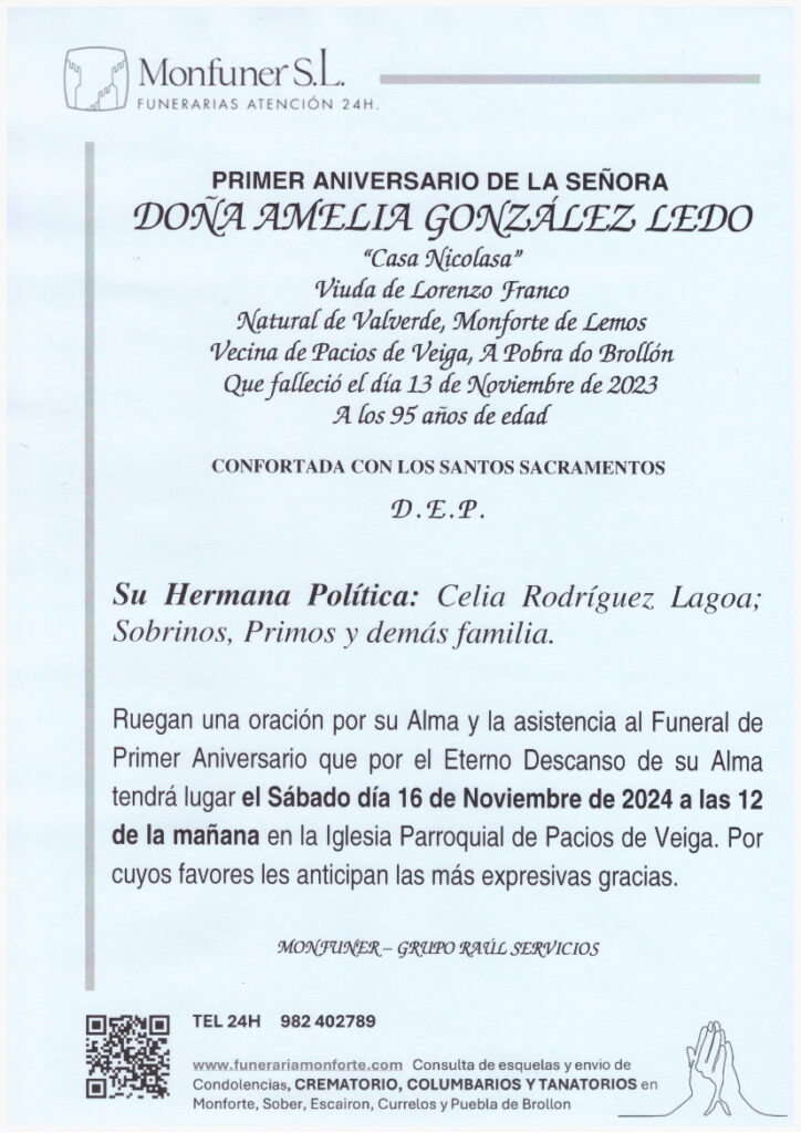 PRIMER ANIVERSARIO DE DOÑA AMELIA GONZALEZ LEDO