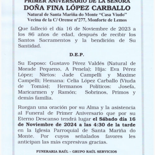 PRIMER ANIVERSARIO DE DOÑA FINA LOPEZ CARBALLO