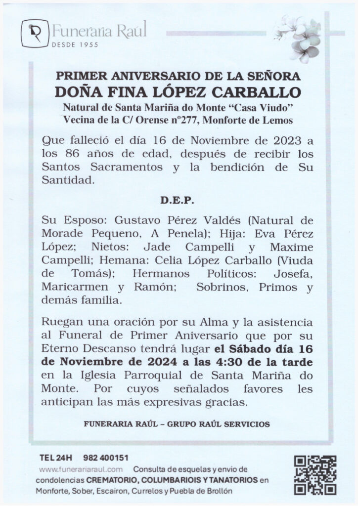 PRIMER ANIVERSARIO DE DOÑA FINA LOPEZ CARBALLO